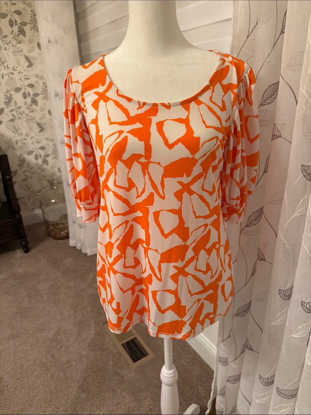Orange & White Printed Scoop Neck Women's Top